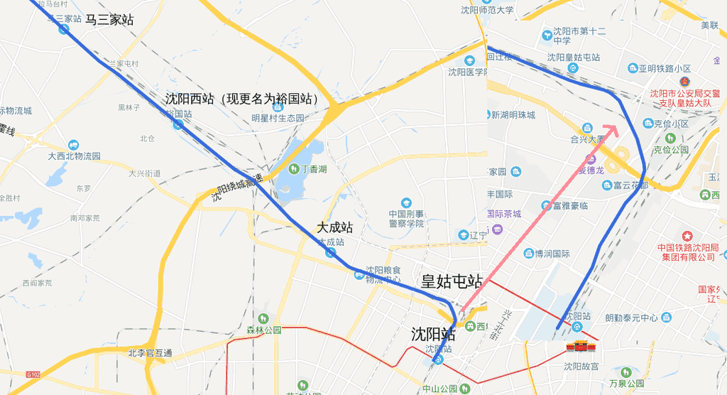 沈阳～山海关方向的火车，进出皇姑屯的行驶路线